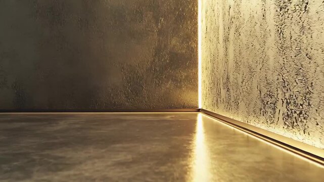 Empty room corner featuring textured golden walls and floor, illuminated by a warm led light strip casting reflections on the polished surface, creating an elegant background