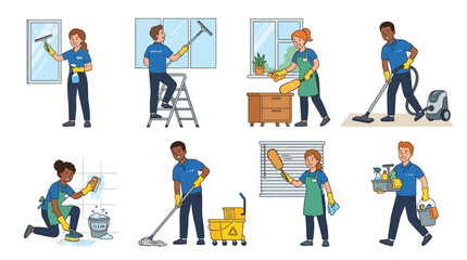 Fototapeta premium Professional cleaning team members perform various household tasks using tools in this colorful illustrated image set