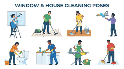 Fototapeta premium Diverse people performing various household chores and cleaning tasks in this detailed flat vector image
