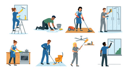 Fototapeta premium Diverse professional janitorial staff members performing various residential and commercial deep cleaning tasks with modern equipment