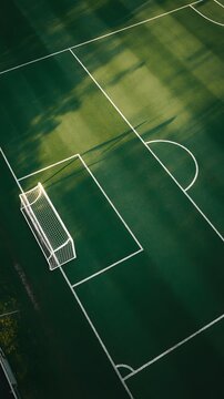 Soccer Field Aerial View: An overhead perspective of a meticulously maintained soccer field, showcasing the vibrant green grass and crisp white lines of the pitch.