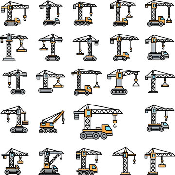 Collection of Diverse Construction Tower Crane Illustrations on White Background Building Industry Machinery Set
