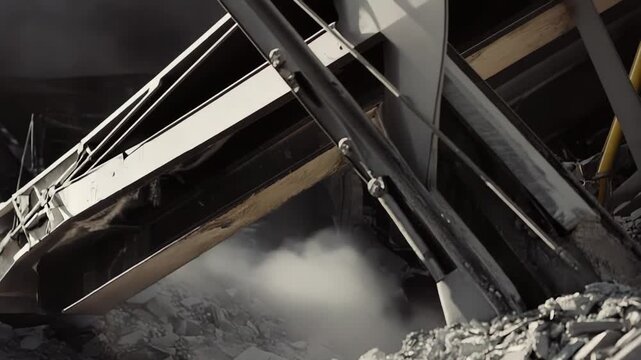 Heavy demolition machinery breaking down structural elements and creating a large pile of concrete rubble and dust at a construction site by crushing debris