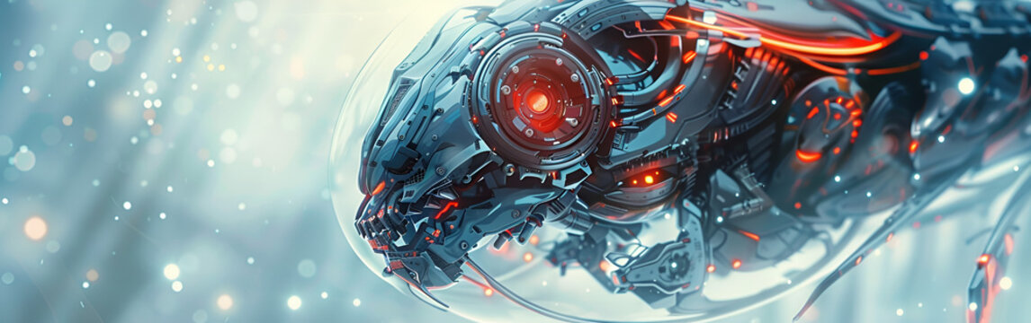 Close-up of a robotic snake's head with glowing red eyes futuristic and menacing artificial intelligence sci fi science fiction digital