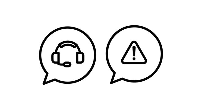 Speech bubble icons with headset and exclamation mark indicating support available and alert notification available customer microphone communication exclamation triangle notification