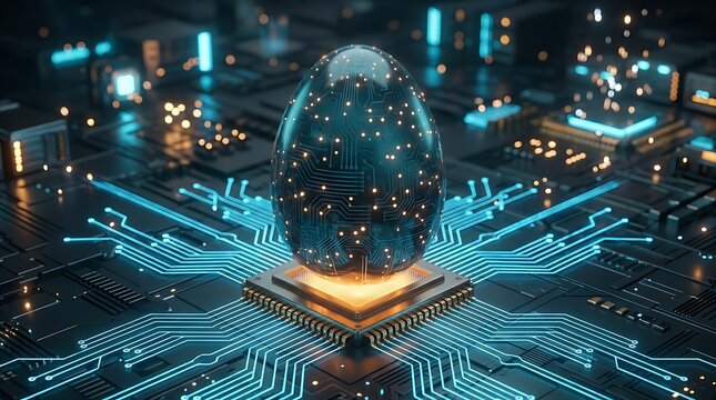 Telur Digital Berteknologi Tinggi di Atas Komputer Chip, Simbol Inovasi dan Kemajuan Teknologi Masa Depan