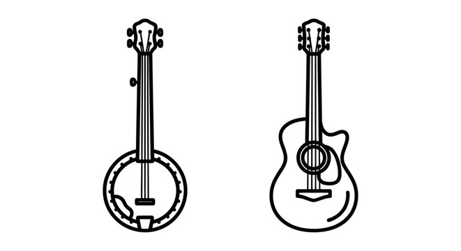 Banjo and acoustic guitar outline icons with acoustic instrument bluegrass performance classical folkloric traditional illustration silhouette isolated background