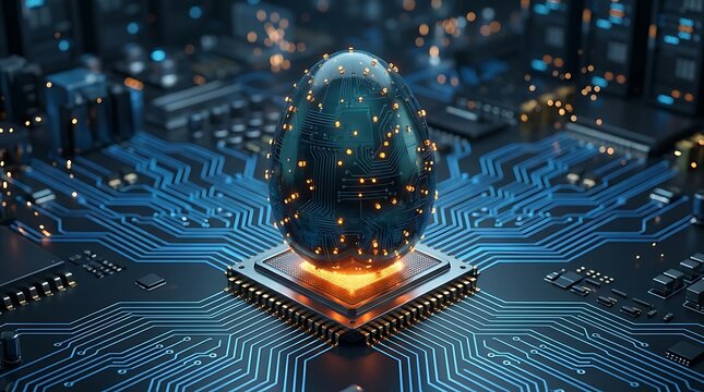 Telur Digital Unik Bersinar di Tengah Sirkuit Komputer, Simbol Inovasi Teknologi dan Perkembangan Baru