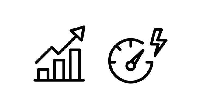 Performance and speed icons: bar chart graph and speedometer with performance increase speedometer lightning tracking progress analysis business strategy efficiency velocity measurement