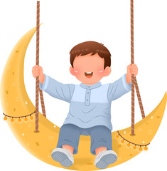 boy swingin on crescent moon illustration © Doodle Untukmu