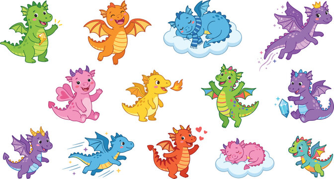 Cute colorful baby dragon cartoon collection isolated fantasy mascot characters vector illustration set for children designs