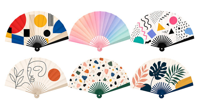Modern Asian Folding Fans with Colorful Graphic Patterns