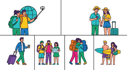 Fototapeta premium Diverse Group of People Traveling Together Vector Adventure and International Journey Scene