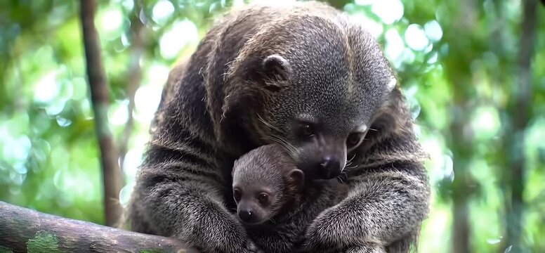 A mother Sulawesi bear cuscus holds her adorable baby close to her chest while resting on a tree branch in the Indonesian rainforest
