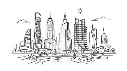 Naklejka premium Modern City Skyline Doodle Art: Futuristic Architecture, Buildings, and Landscape