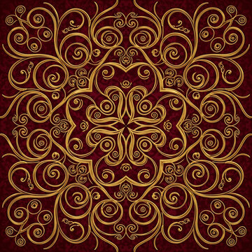 Golden filigree pattern on a dark red background ornate baroque style design