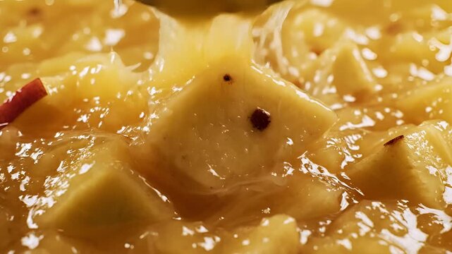 Closeup of delicious mango chutney with spices and a spoon scooping it.