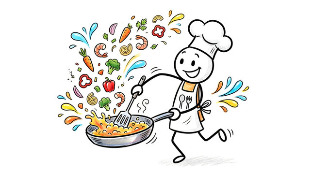 Cartoon chef cooking delicious food