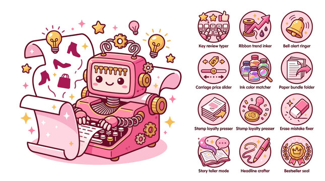 Pink chibi robot typewriter illustration with fashion icons and lightbulbs, including 12 UI icons for content creation, copywriting, review management, and e-commerce marketing tools.