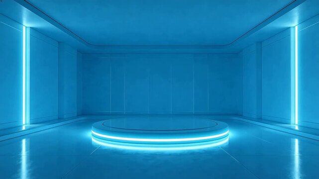 Futuristic minimalist room with glowing platform
