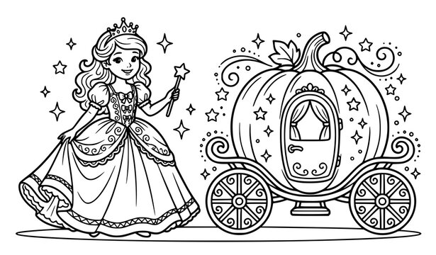 Adorable Cinderella Princess Character Coloring Page with Pumpkin Coach Fairy Tale Black and White Illustration