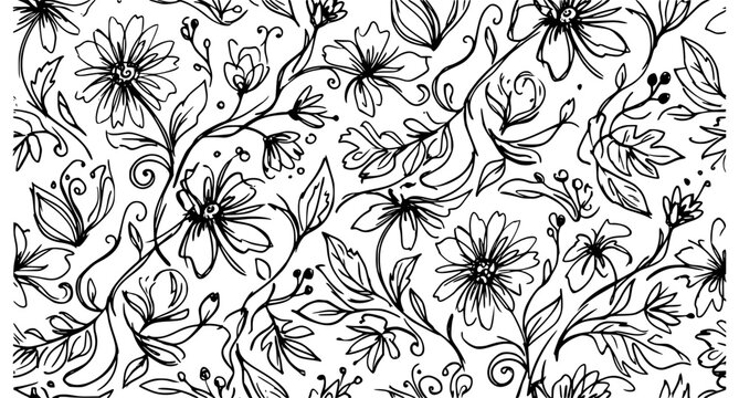 Hand drawn black ink floral seamless vector pattern with organic abstract botanical sketches on white background
