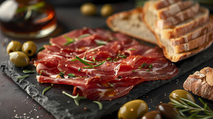 Obraz premium Jamon iberico with bread and olives display premium iberian ham with accompaniments, elegant Spanish ham food photography.