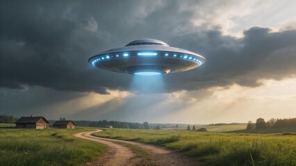 Naklejka premium UFO hovering over rural landscape