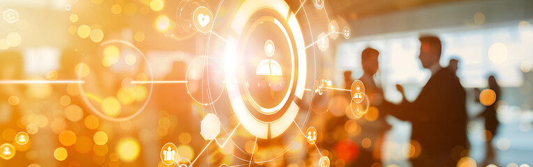 Fototapeta premium Abstract glowing digital network connections with bokeh lights and silhouetted people in the background technology concept artificial intelligence