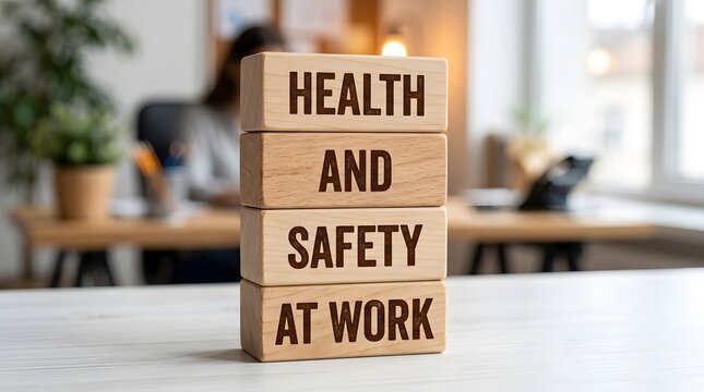 Four wooden blocks stacked vertically with the text health and safety at work printed on them