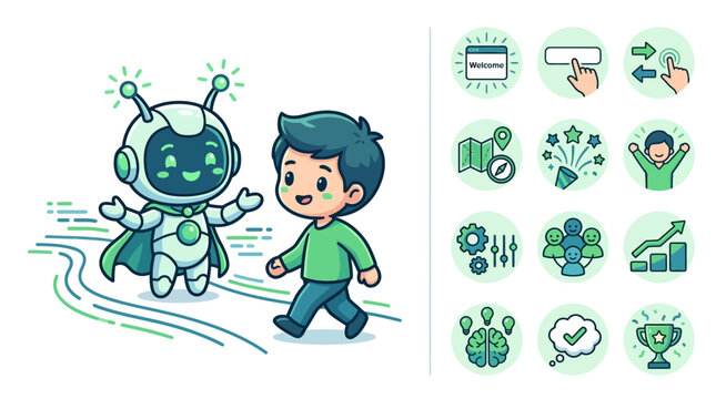 Vector illustration featuring a cute chibi robot with a cape walking with a young boy, accompanied by twelve circular UI icons for onboarding, settings, growth, and team collaboration.