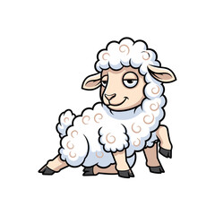 Obraz premium Cartoon sheep illustration, white fluffy lamb sitting relaxed
