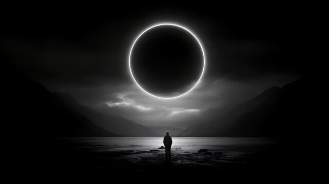 Eclipse, fantasy, mysterious, supernatural. A monochromatic, atmospheric depiction of a solitary figure standing in the middle of a vast, calm lake. The figure, facing away from the viewer.