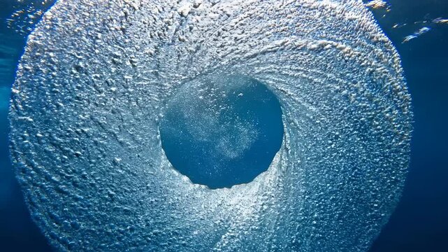 Underwater bubble ring vortex rising to surface, ocean air bubble torus motion