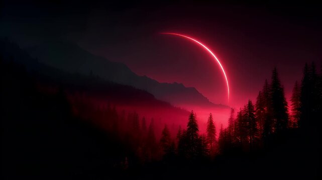 Eclipse, fantasy, mysterious, supernatural. A digital artwork depicts a serene landscape at twilight. The sky is a gradient of deep purples and reds, transitioning from a bright.