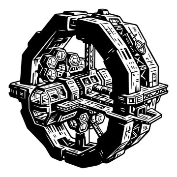 Futuristic Orbital Space Station: A detailed illustration of a futuristic orbital space station, showcasing complex architecture, interior design.