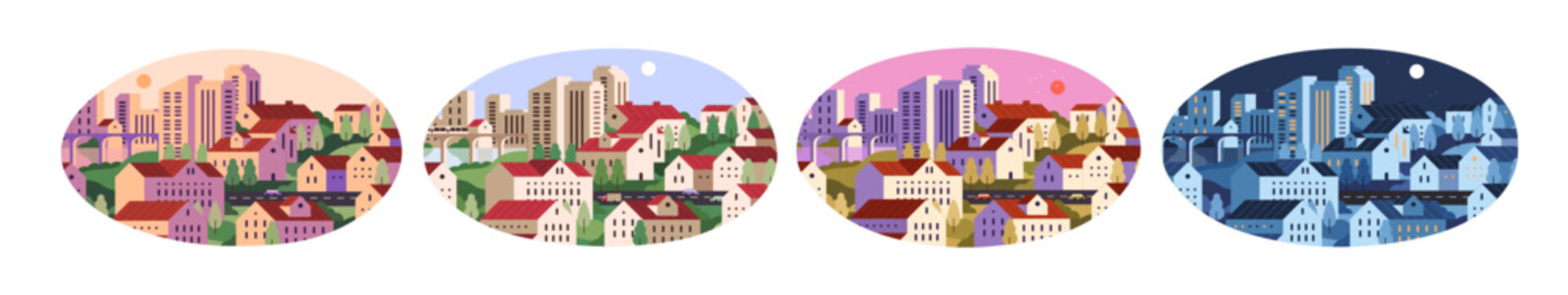 Set of cityscape in morning, day, evening and night time. Urban landscape with geometric shape of buildings. City with high rise houses, skyscrapers, roads. Flat isolated vector illustrations on white