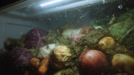 Spoiled Vegetables and Moisture Inside Dirty Refrigerator Drawer Showing Food Waste Problem