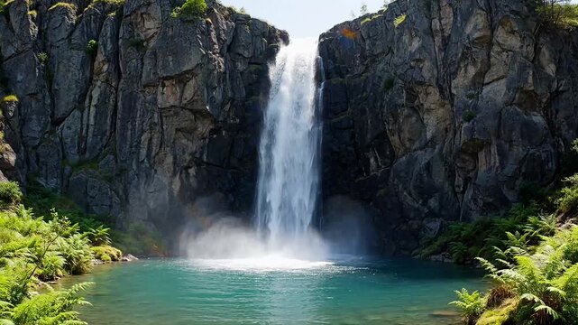 Beautiful tropical waterfall cascading into a calm turquoise lagoon with rocks