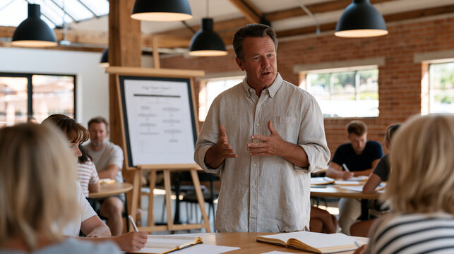 Volunteer orientation for a disability services nonprofit in a converted warehouse meeting room, a program director gesturing at a printed org chart on an easel while twelve new volunteers seated at