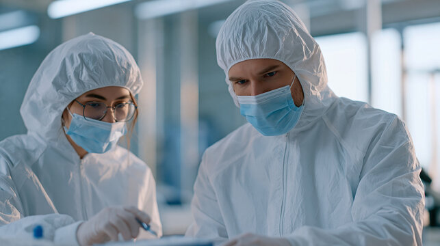 Sterile IV room supervisor in gown reviews aseptic technique of junior technician preparing chemotherapy infusion inside positive pressure hazardous drug compounding suite, bright cleanroom lighting