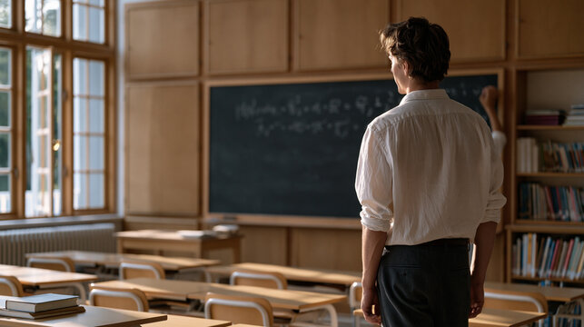 Solitary middle school teacher standing at the front of an empty classroom in late afternoon, erasing the day's last math equation from a chalkboard, summer's end anticipation and school year nostal