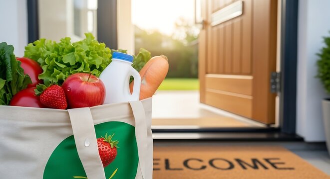 Grocery bag with fresh produce at the doorstep near open front door