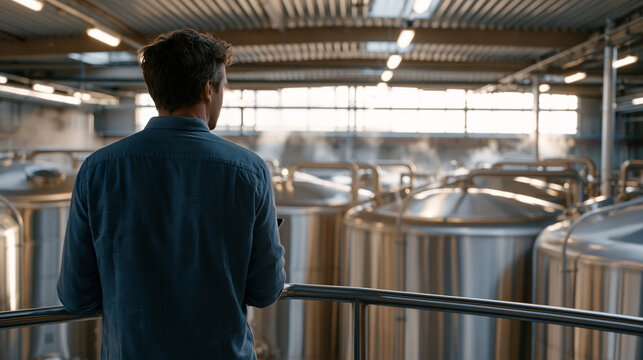 Solitary male precision fermentation consultant walking catwalk above industrial bioreactor hall, reviewing scale production specifications on tablet, vast vessel array below, steam rising from clea