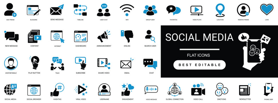 social media solid icon set. network, share, profile, like, communication, connection, chat, buttons, message, marketing. editable  Glyph vector pack.