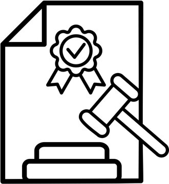 Legal Document Approval Line Icon with Judge Gavel and Certificate Badge