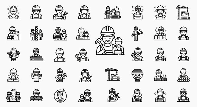 Construction worker icons set isolated on white background, builder man illustration, diverse construction workers and tools in outline style