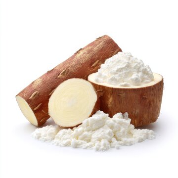 Fresh yuca root and delicious cassava flour isolated on white background for culinary and nutritional purposes