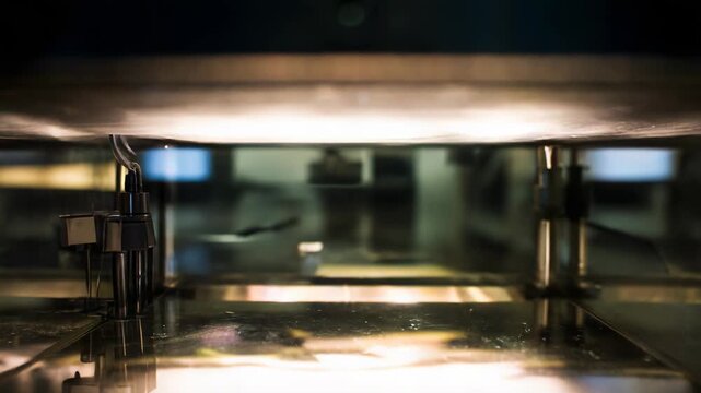 Clear glass and stainless steel industrial box reflecting interior light, creating an abstract, sterile laboratory scene suggestive of precision equipment and modern research