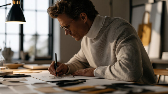 Over-the-shoulder view of a packaging designer sketching a tote bag logo by hand at a drafting table, ink pens and swatches arranged on the surface, branding agency workflow and product identity dev